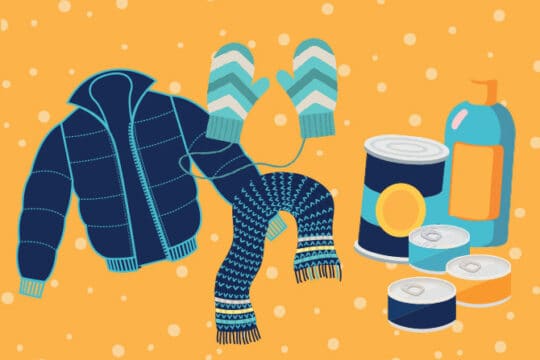 Graphics of coat, scarf, mittens, and canned goods