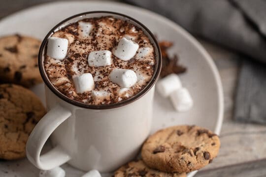 mug of hot chocolate with marshmallows and chocolate chip cookies