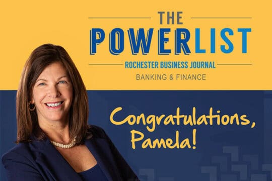 President & CEO) Pamela Heald featured with "The Power List for Banking & Finance Rochester Business Journal" logo and "Congratulations, Pamela!" text
