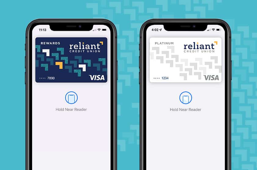 Reliant Credit Cards shown in mobile wallet of two mobile phones