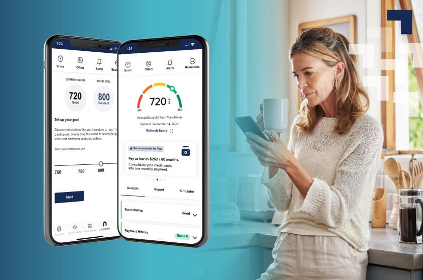 Mobile phones with credit score tool showing on-screen, alongside an image of a woman looking at her mobile phone.